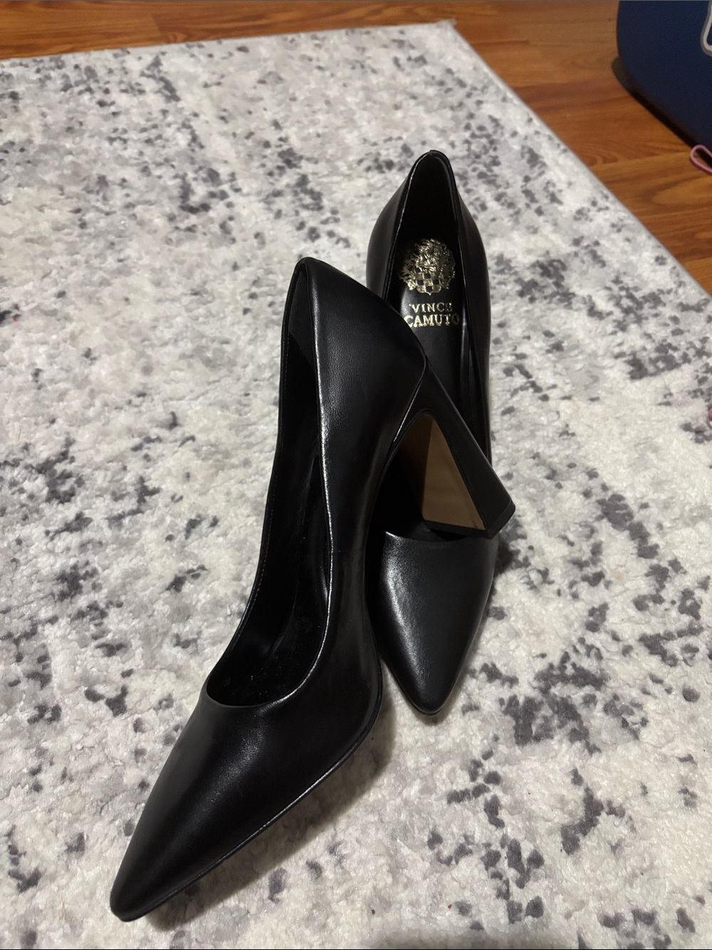Vince Camuto Black Pointed Leather Block-Heel Pumps